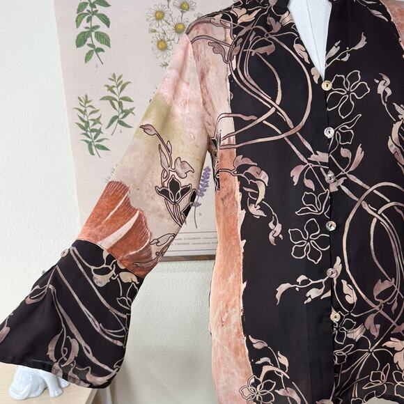 Citron Santa Monica Brown Floral 3/4 Flare Sleeve Silk Top Fairy Grunge Forest M - Picture 2 of 11